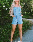 Hunter Spaghetti Straps Belted Denim Romper