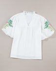 Priscilla Embroidered Puff Sleeve Notched Neck Blouse