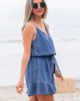 Aspyn Spaghetti Straps Ruffled Leg Chambray Romper