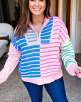 Plus Size Stripe Colorblock Half Zip Sweater