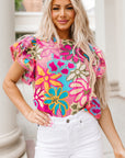 Chelsea Floral Print Trimmed Ruffle Sleeve Blouse