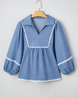 Nevaeh Lace Ric Rac 3/4 Puff Sleeve Collared Babydoll Blouse