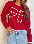 Bow Contrast Trim Long Sleeve Cropped Christmas Sweater