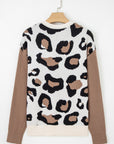 Leopard Colorblock Drop Shoulder V-Neck Sweater