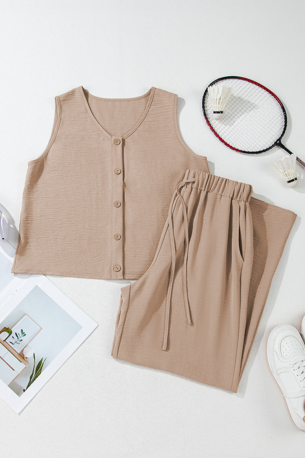 Kinslee Buttoned Vest Drawstring Wide Leg Pants Set