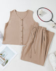 Kinslee Buttoned Vest Drawstring Wide Leg Pants Set