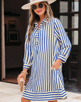 Stripe Buttoned Collar Side Pockets Mini Dress