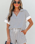 Chloe Stripe V Neck Tee Short Set