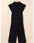 Textured Ruffle Sleeve Zipped Top and Wide Leg Pants Set