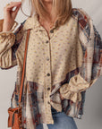 Boho Floral Plaid Patchwork Ruffle Sleeve Waffle Shacket
