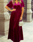 Katherine Velvet Short Sleeve Shirred Waist Tiered Dress