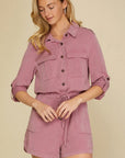 Reese Roll up Sleeve Flap Pockets Drawstring Romper