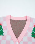 Checker Christmas Tree Buttoned V-Neck Cardigan Sweater
