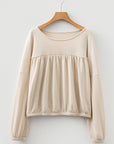 Solid Ribbed Knit Pleated Long Sleeve Top