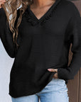 Solid Ribbed Drop Shoulder Hooded V-Neck Sweater