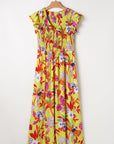 Dani Cheetah Plant Shirred Button V Neck Maxi Dress
