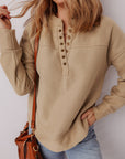Solid Grommet V-Neck Drop Shoulder Sweatshirt