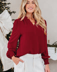 Solid Notched Neck Shirred Cuff Long Sleeve Blouse