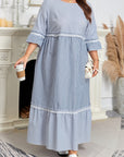 Plus Size Stripe Patchwork Lace Trim 3/4 Sleeve Maxi Dress