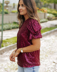 Lenora Glittering Sequin Short Bubble Sleeve Blouse