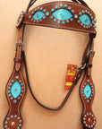 Hilason Western Leather Horse Headstall Turquoise Crocodile Brown