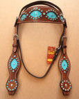 Hilason Western Leather Horse Headstall Turquoise Crocodile Brown