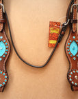 Hilason Western Leather Horse Headstall Turquoise Crocodile Brown