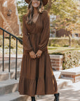 Solid Buttoned V-Neck Long Sleeve Tiered Maxi Dress