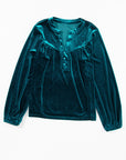 Velvet Lantern Sleeve Beaded V-Neck Blouse