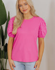 Shiloh Ribbed Pearl Beaded Puff Sleeve Top