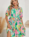 Floral Puff Sleeve Buttoned Babydoll Dress