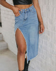 Cheyenne Frayed Slit Asymmetric Denim Midi Skirt