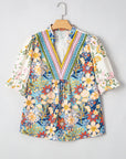 Plus Size Floral V-Neck Puff Sleeve Blouse