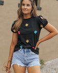 Oaklyn Embroidered Flower Short Puff Sleeve Tee