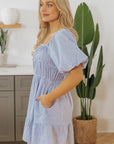 Monica Stripe Bubble Sleeve Ruched Pocketed Babydoll Dress