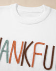 Thankful Embroidered Ribbed Trim Thanksgiving Sweater