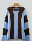 Stripe Colorblock Thermal Textured Knit Drop Shoulder Sweater