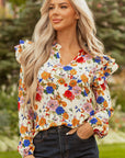 Apricot Ruffled Shoulder Long Sleeve Floral Blouse
