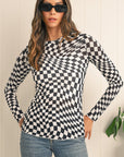 Checkered Pattern Mesh Long Sleeve Top
