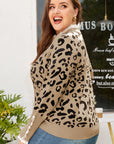 Plus Size Leopard Knit Lacy Trim Long Sleeve Sweater