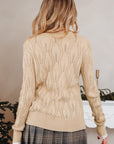 Pearl Beaded Pointelle Knit V-Neck Lace Trim Sweater