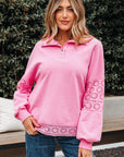 Evangeline Embroidered Flower Buttons Pullover Sweatshirt