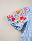 Pearl Gingham Floral Embroidered Puff Sleeve Blouse