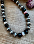 NFR Collection Necklace – 8mm & 16mm Sterling Silver Pearls with Faceted Black Onyx & Pink Conch – Handmade by The Bijoux FAB – 21"