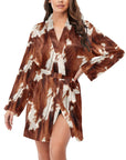 Brown Cow Print Women's Long Sleeve Belted Satin Feel Dressing Lounge Robe