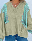 Stripe Patchwork Waffle Knit V-Neck Pullover