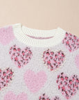 Valentine Leopard Heart Pearl Beaded Fuzzy Sweater
