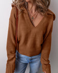 Solid Collared V-Neck Ribbed Edge Sweater