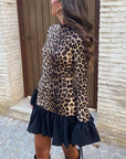 Leopard Print Panelled Flared Sleeve Slim Mini Dress