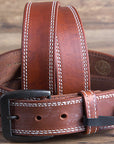 32 Inch 3D Brown Mens Leather Stitched Basic Belt Brass Buckle